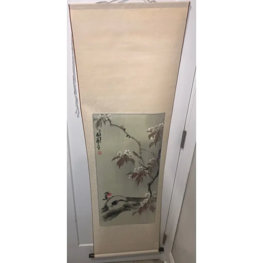 Vintage Asian Silk Scroll Bird Blossom Painting Kakejiku Wall Art w‎ Box